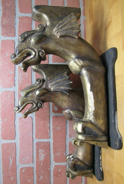 Old Hand Carved GRIFFINS BEASTS DRAGONS MONSTERS Wooden Decorative Arts Hardware