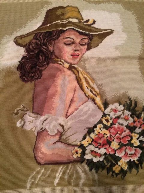 Large Vintage Completed Needlepoint Canvas Art Tapestry 25" x 30"