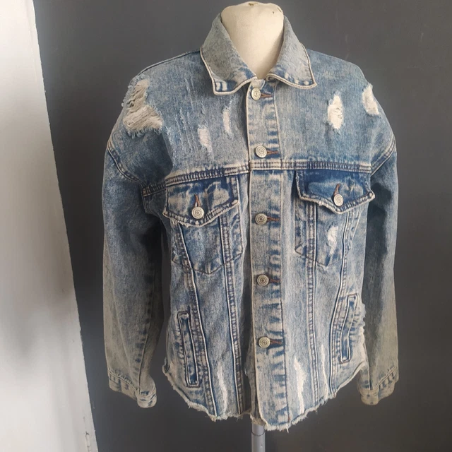 Size 8 Stone Washed Distressed  Raw Edge Denim Jacket Size 8