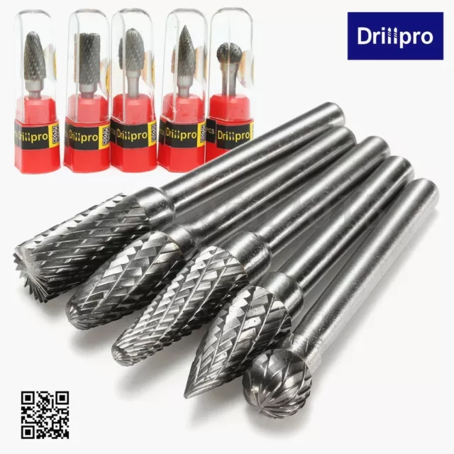 Drillpro 5 Head Tungsten Carbide 10mm Rotary Point Burr Die Grinder 1/4'' Shank