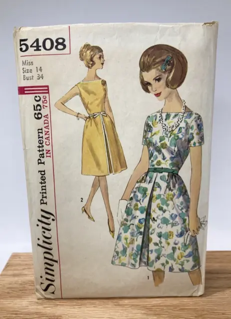 VTG Simplicity 1964 Sewing Pattern 5408 Dress Inverted Pleat Skirt Size 14 Cut