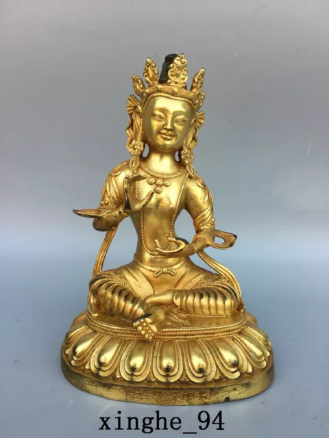 8" China Old dynasty Temple Tibetan Buddhism bronze 24k gilt Tara Buddha statue