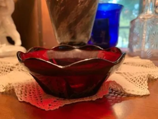 4.5" Anchor Hocking Ruby Red Depression Glass Bowl Scalloped Berry--from a set