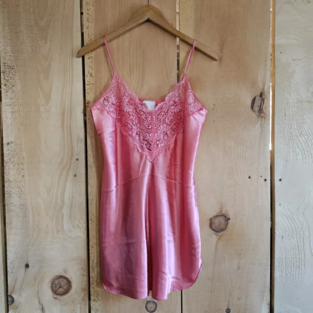 VINTAGE LINGERIE NIGHTIE Slip Dress Pink Satin w Lace Detail Spaghetti ...