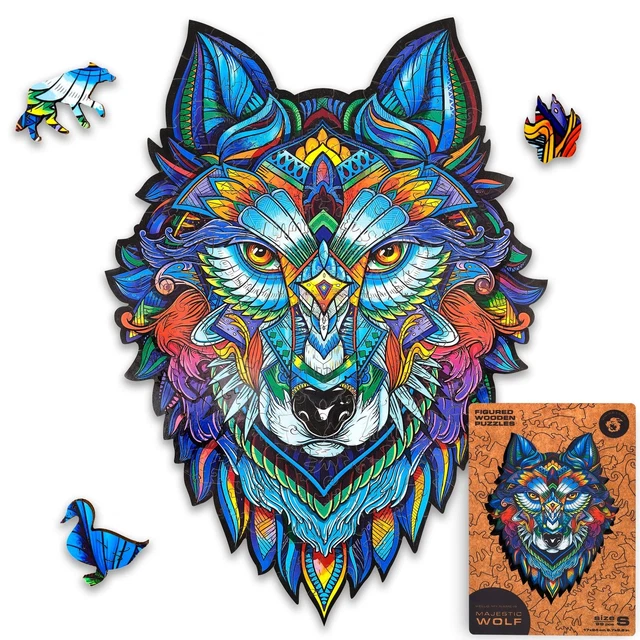 UNIDRAGON Wooden Jigsaw Puzzles - Majestic Wolf, 99 pcs, Small 6.7" х9.5, Bea...