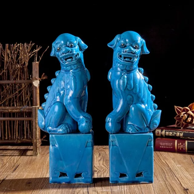 12.6Inchinese Jingdezhen Porcelain Blue Foo Fu Dog Guardion Lion Ceramics Statue