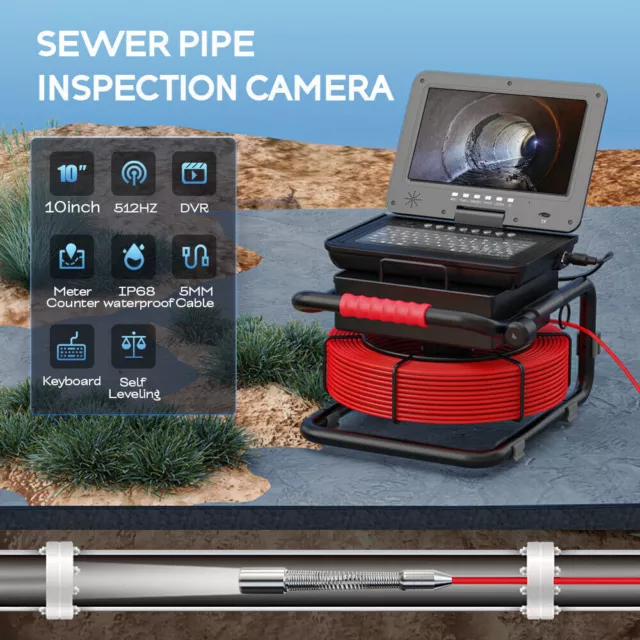 10" Monitor Pipe Sewer Inspection Camera 512hz Self-leveling Counter 1080P 50m