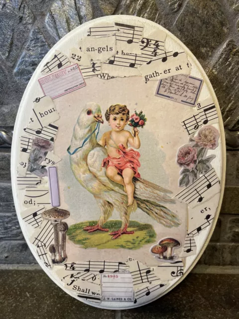 Vintage Style Wooden Oval Plaque Decoupage Collage Art OOAK Valentines Day 2