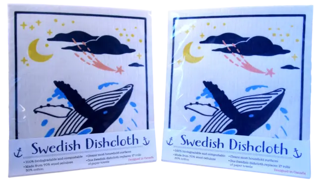 Paños de plato suecos - ballenas bajo la luna y estrellas - juego de 2