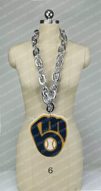 New MLB Milwaukee Brewers Jumbo Big SILVER Fan Chain Necklace Foam MI USA