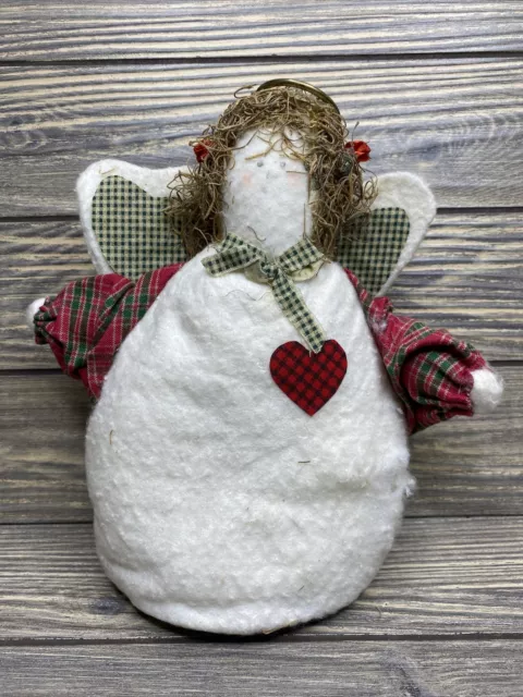 Vtg Primitive Christmas Decoration Handmade Stuffed Angel Plaid Sleeves 9”