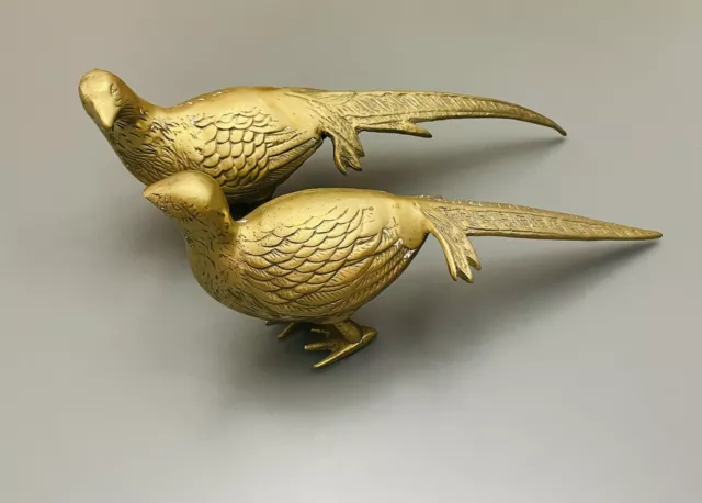 Set 2 Vintage Solid Brass Pheasant Peacock Bird Figurine Statue 13'' & 14” MCM