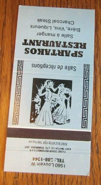 Girlie Matchbook Cover: Spartakos Restaurant Montreal, Quebec Matchcover -D12