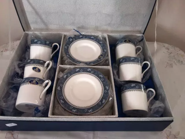 English Aynsley Blue Mist Fine Bone China Coffee Set Boxed Gift 6 Cups Saucers 2