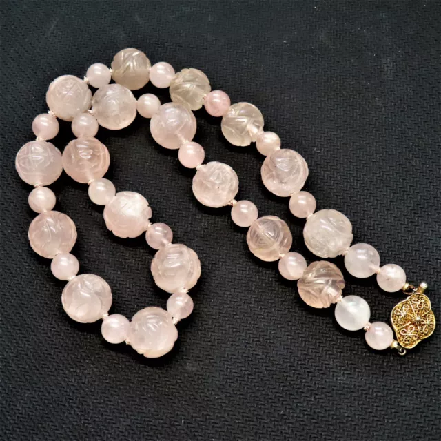 Vintage Chinese Carved Shou Design Rose Quartz Beaded Necklace Filigree Clasp