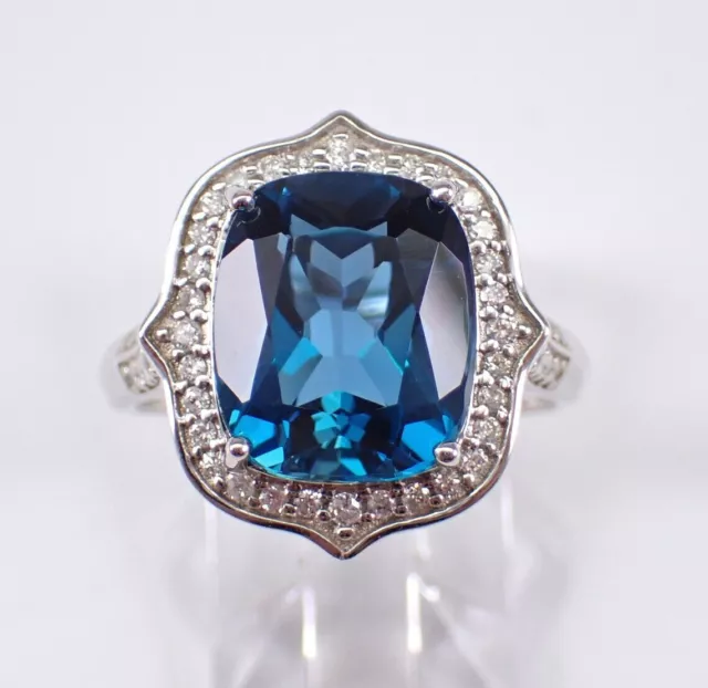 3Ct Cushion  London Blue Topaz Ring Genuine Halo Engagement 14k White Plated