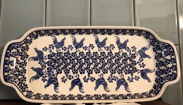 New Polish Pottery Blue Rooster Tray Platter Boleslawiec (50% to Charity)