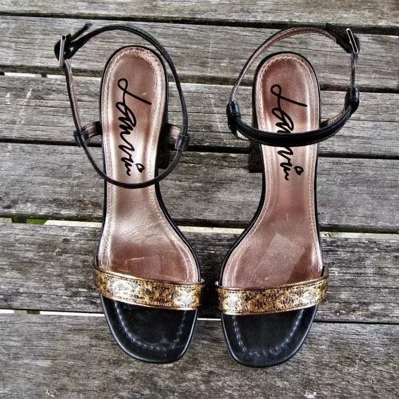 LANVIN 6,5 heels Italy sandals black leather dark gold block heel women's shoes