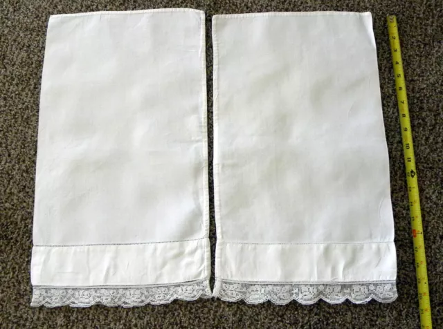 PAIR (2) Vintage Home-Made White Cotton Pillow Cases with Lace Trim 11.5" x 20"