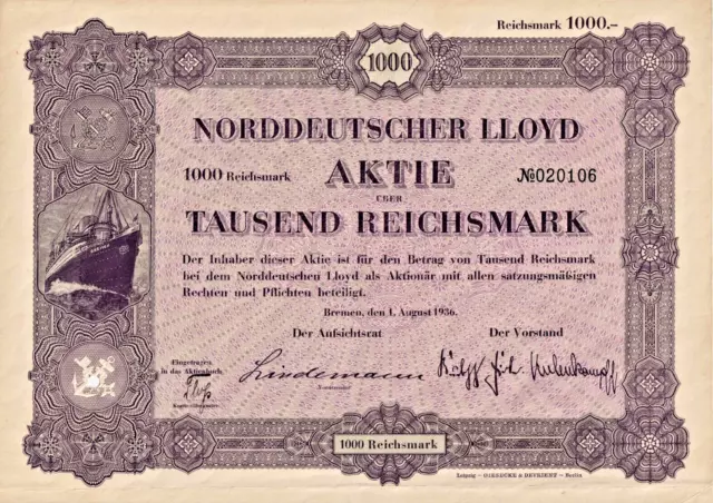 D-141 AKTIE Norddeutscher Lloyd Bremen über 1000 RM 01. August 1936