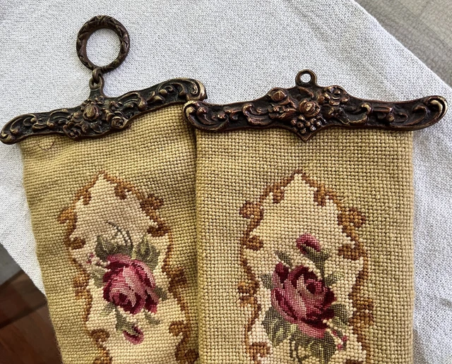 Vintage Tapestry Needlepoint Bell Pull Wall Hanging Floral 41” Brass Hardware