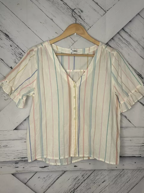 Madewell Blouse Womens Size Large V Neck Sleeve Ruffle Stripes Buttoned Top