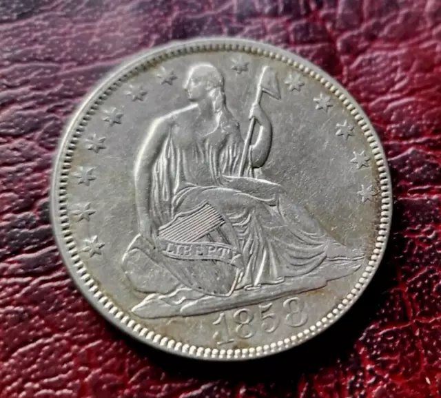 1858 US Seated Liberty Silver Half Dollar.