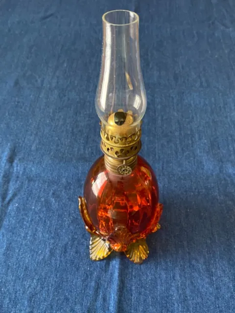 Rare Miniature oil lamp, ruby to amber glass, S-536, oval font with burner