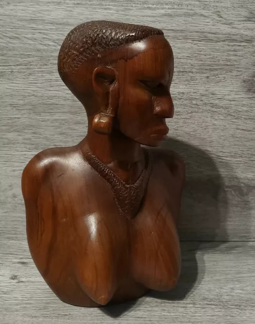 Vintage African Woman Carved Brown Wooden Large Head Bust Heavy Statue/ Figurine