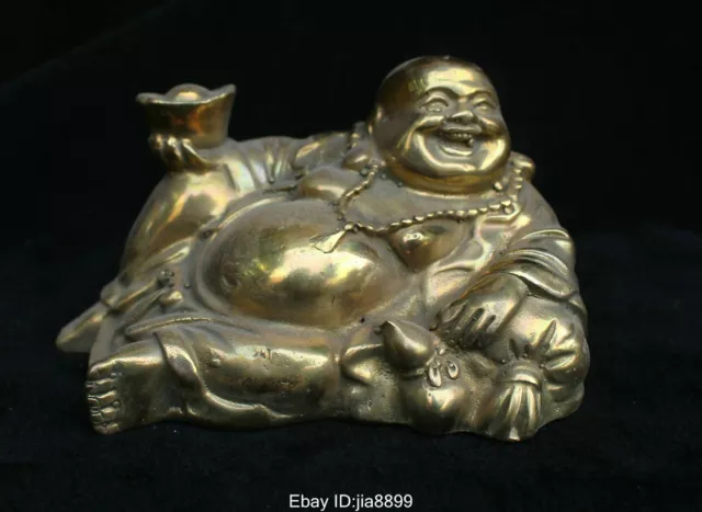 China Buddhism Brass Wealth Yuanbao Happy Laugh Maitreya Buddha Statue Sculpture