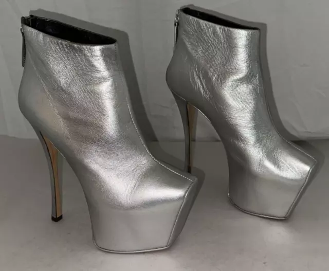 36/6❤️ ZANOTTI Metallic Silver Leather Ankle HIGH HEEL Platform BOOTS Pumps