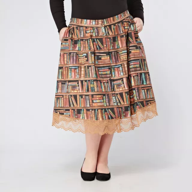 Book Shelf Print Skirt Button Through Cotton Swing Skirt Tagareen BNWT Size 16