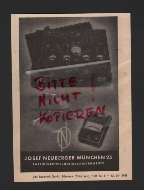 MÜNCHEN, Werbung 1941, Josef Neuberger Fabrik elektrischer Messinstrumente