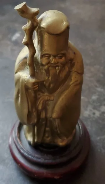 Chinese God Of Longevity Shouxing Shou Lao Brass on Wooden Stand Vintage B7