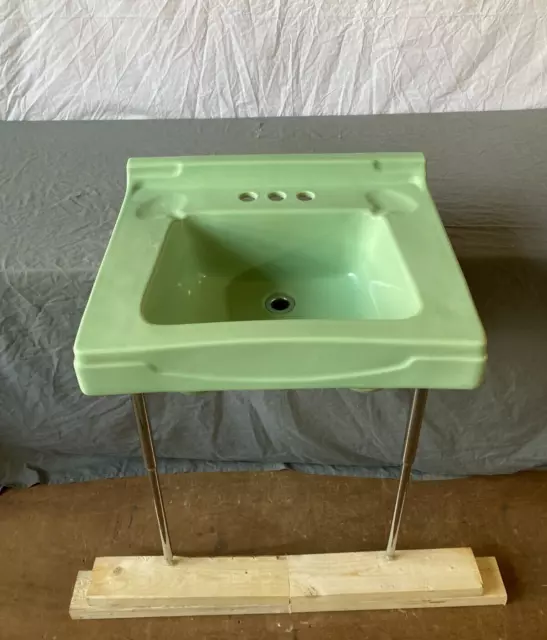 Vtg Mid Century Jadeite Green Porcelain Bath Sink Chrome Brass legs Old 565-23E