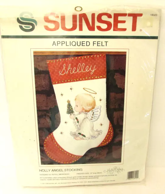 "Kit de medias de Navidad de ángel 1991 de colección tela bordado aplique de 15"