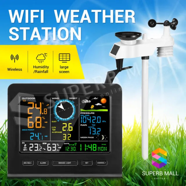 Solar Powered Weather Station Wireless Rain Gauge Forecast Temperature Clock