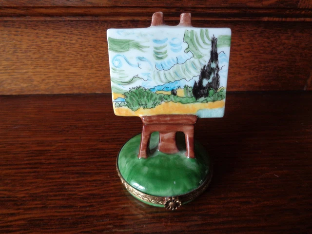 Boite A Pilule Forme Chevalet Peinture Tableau Porcelaine Limoges Mj  Peint Main