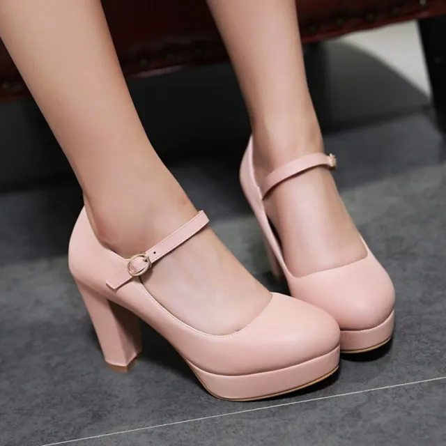 Women's Mary Jane Pumps Shoes Med Block Heel Ankle Strap Round Toe Shoes Dress