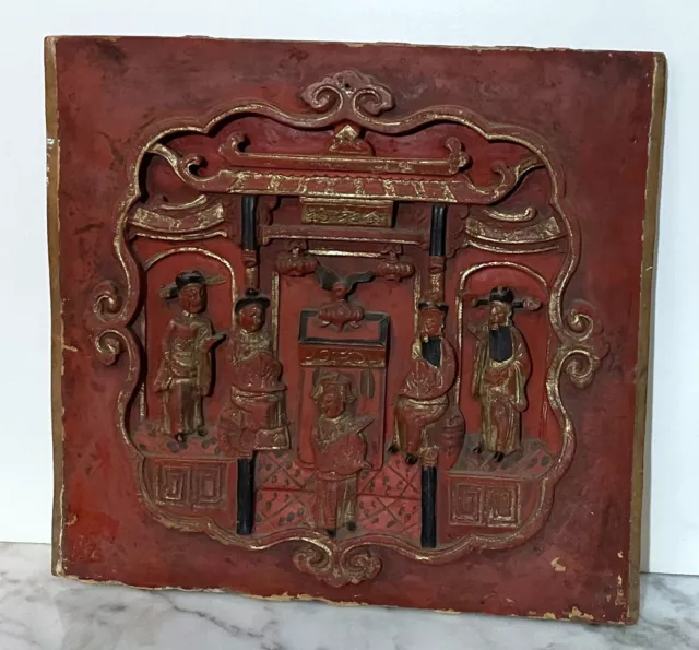 Antique Carved Wood Chinese Painted Panel Depicting Five Noble People