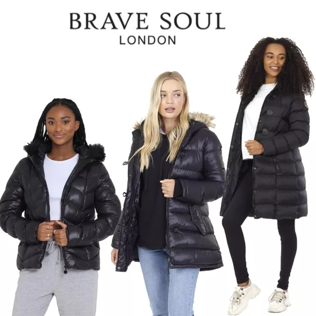 Brave Soul Womens Fur Hooded Puffer Jacket Winter Warm Padded Coat for Ladies