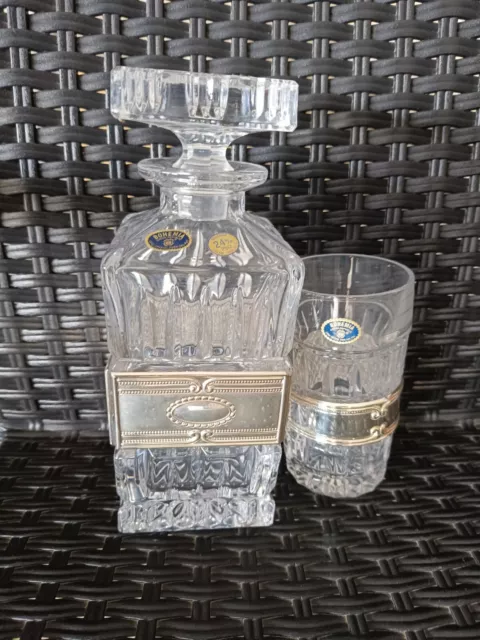 Set bicchieri  bottiglia da whisky cristallo Bohemia con decoro argento vintage 2