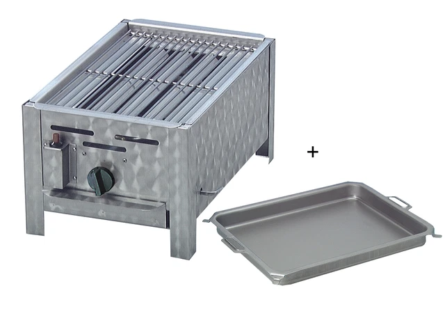 Gasgrill Edelstahl mit Rost und Stahlpfanne H:6 cm, 34 x 27 x 53 cm Gastrobräter