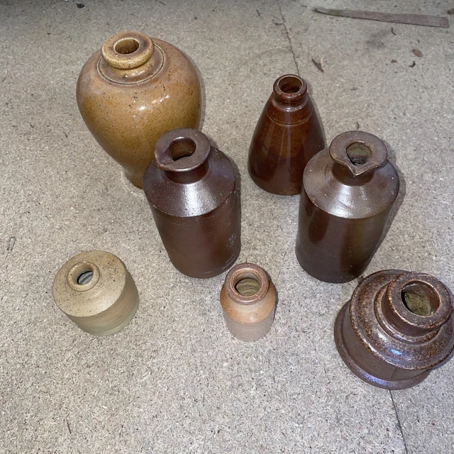 7 Victorian Ink Wells Pouring Ink Bottles, Stoneware Pots Wedding Gift Tv Prop