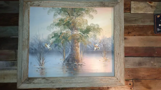 Vintage Artist Signed Oil Painting Lake Scene With Ducks By Artist “Joyce”  fram