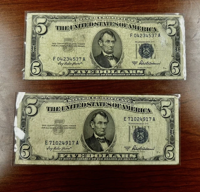 (2) Qty 1953 Five Dollar BLUE Seal Notes. Silver Certificate $5 Old US BillCirc