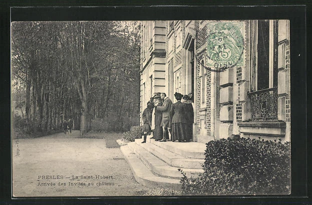 CPA Presles, La Saint-Hubert, Arrivée des Invités au château, Jagdgesellschaft