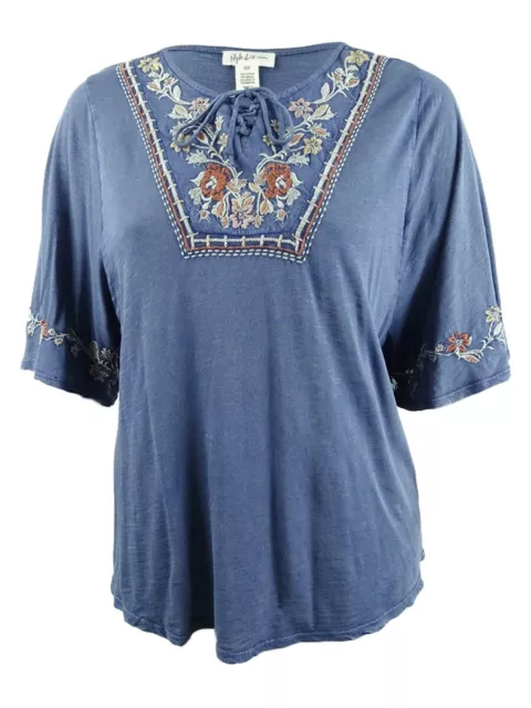 Style & Co. Women's Plus Size Lace-Up Embroidered Peasant Top (0X, Western Blue)