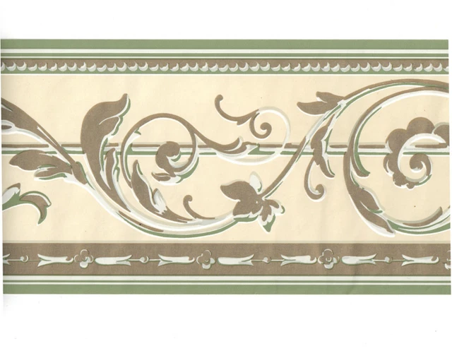 Sage Green Cream Metallic Gold Shiny Acanthus Leaf Scroll Bead Wall paper Border