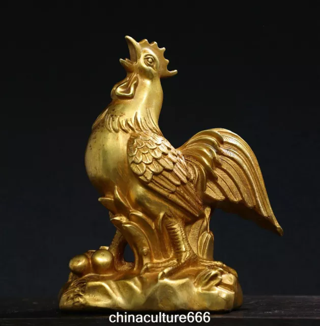 8" Chinese Bronze Gilt Fengshui Folk Zodiac Rooster Cock Chicken Animal Statue